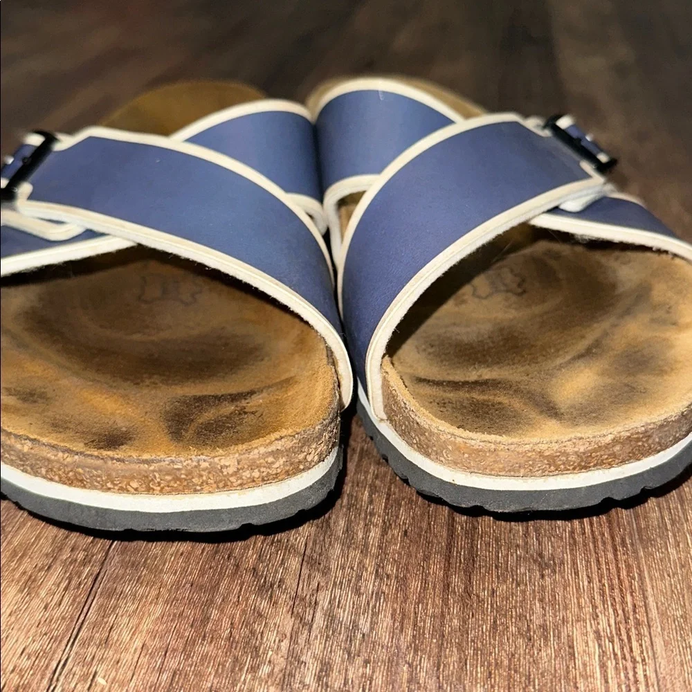 Men’s Birkis Sandals Two Toned Navy & White left size 12 and right is size‎ 11